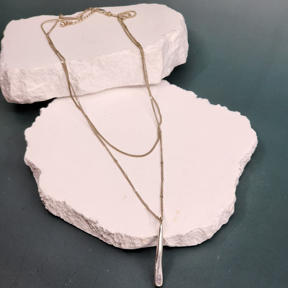 JENNY BIRD Silver Tone Layered Chain Pendant Necklace Long Bar Minimalist Modern